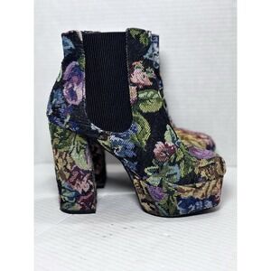 Forever 21 Floral Tapestry Platform Ankle Boots Chunky Block Heel Women's 6 Boho